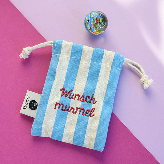 Ava & Yves Wunschmurmel im Beutel Blau weiss gestreift aus Muranoglas türkis mit Konfetti