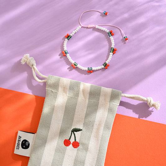 Ava & Yves - Mama Armband mit Kirschen und Beutel in Grau weiss gestreift (Kopie)