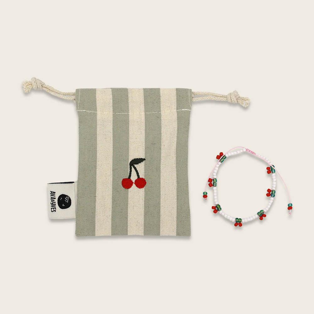 Ava & Yves - Mama Armband mit Kirschen und Beutel in Grau weiss gestreift (Kopie)