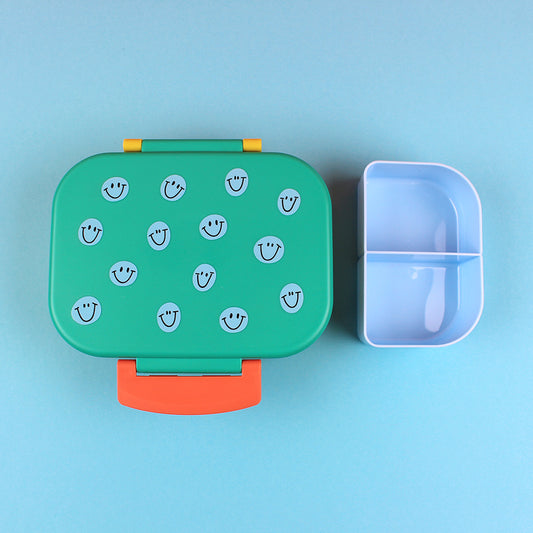 Ava&Yves - Brotdose / Lunchbox mit herausnehmbarem Einsatz, Smile grün / Ocker / Hellblau inkl. Geschenkverpackung