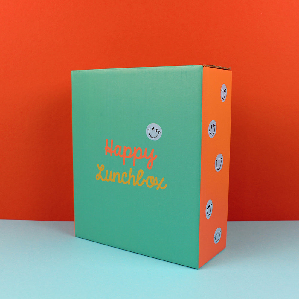 Ava&Yves - Brotdose / Lunchbox mit herausnehmbarem Einsatz, Smile grün / Ocker / Hellblau inkl. Geschenkverpackung