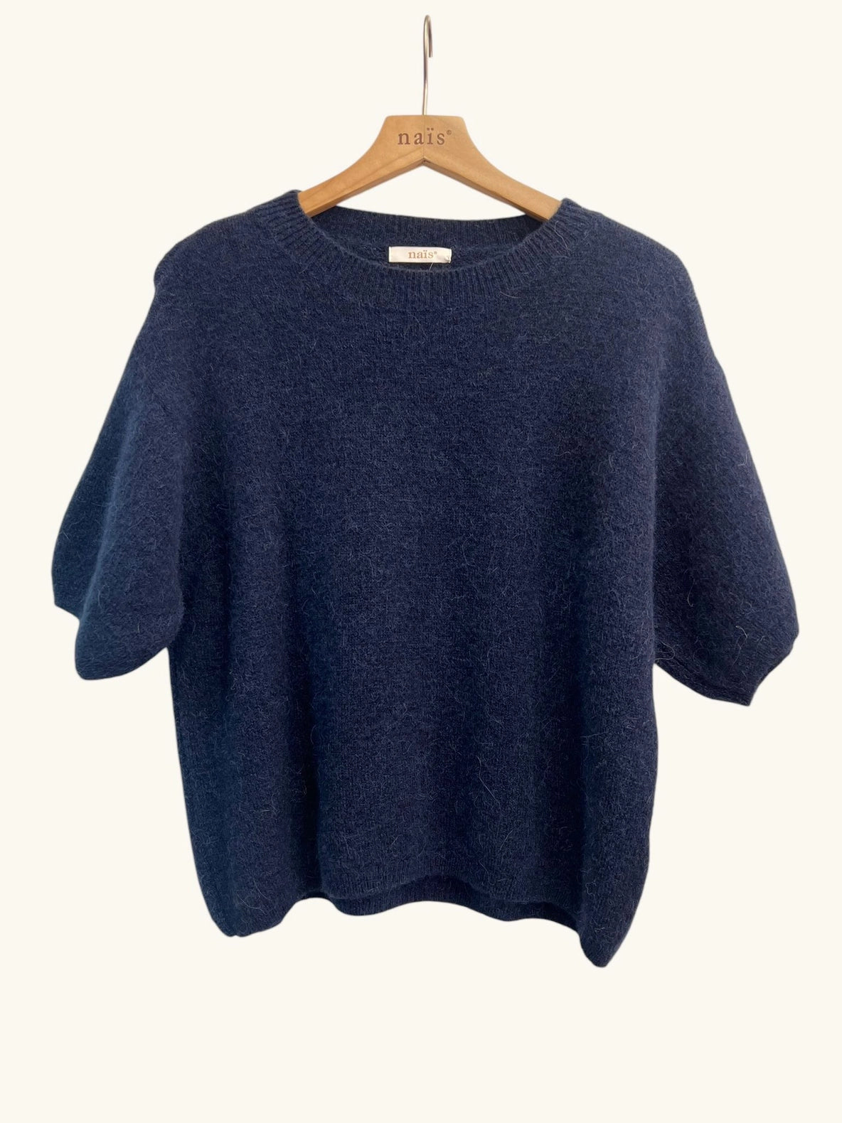 Naais Paris - lockerer Kurzarm Pullover aus Mohair & Alpaka in Dunkelblau One Size