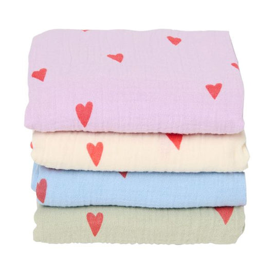 Studio Noos - große Musslintücher in Flieder mit roten Herzen 70 x70 klein