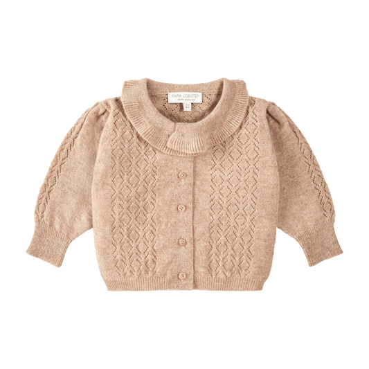 Papalobster - Luna Strickjacke in Beige Melange mit kleinen Rüschenkragen aus 100 % Kaschmir