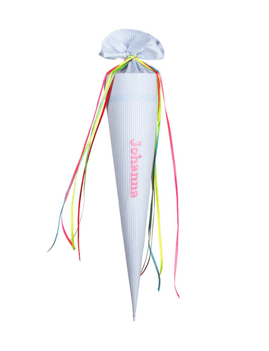 Paula & Ferdinand - Schultüte VICHY STRIPES hellblau - bunte Bänder - personalisiert