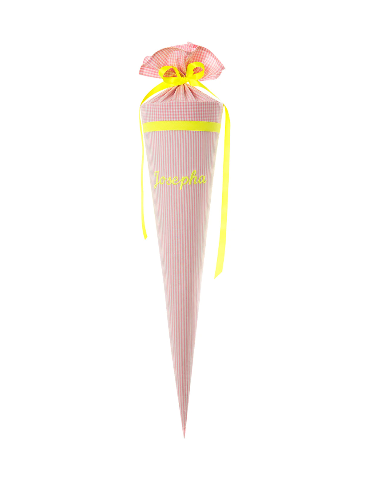 Paula & Ferdinand - Schultüte Vichy Stripes Rose - NEON gelb, personalisiert inkl. Füllwatte