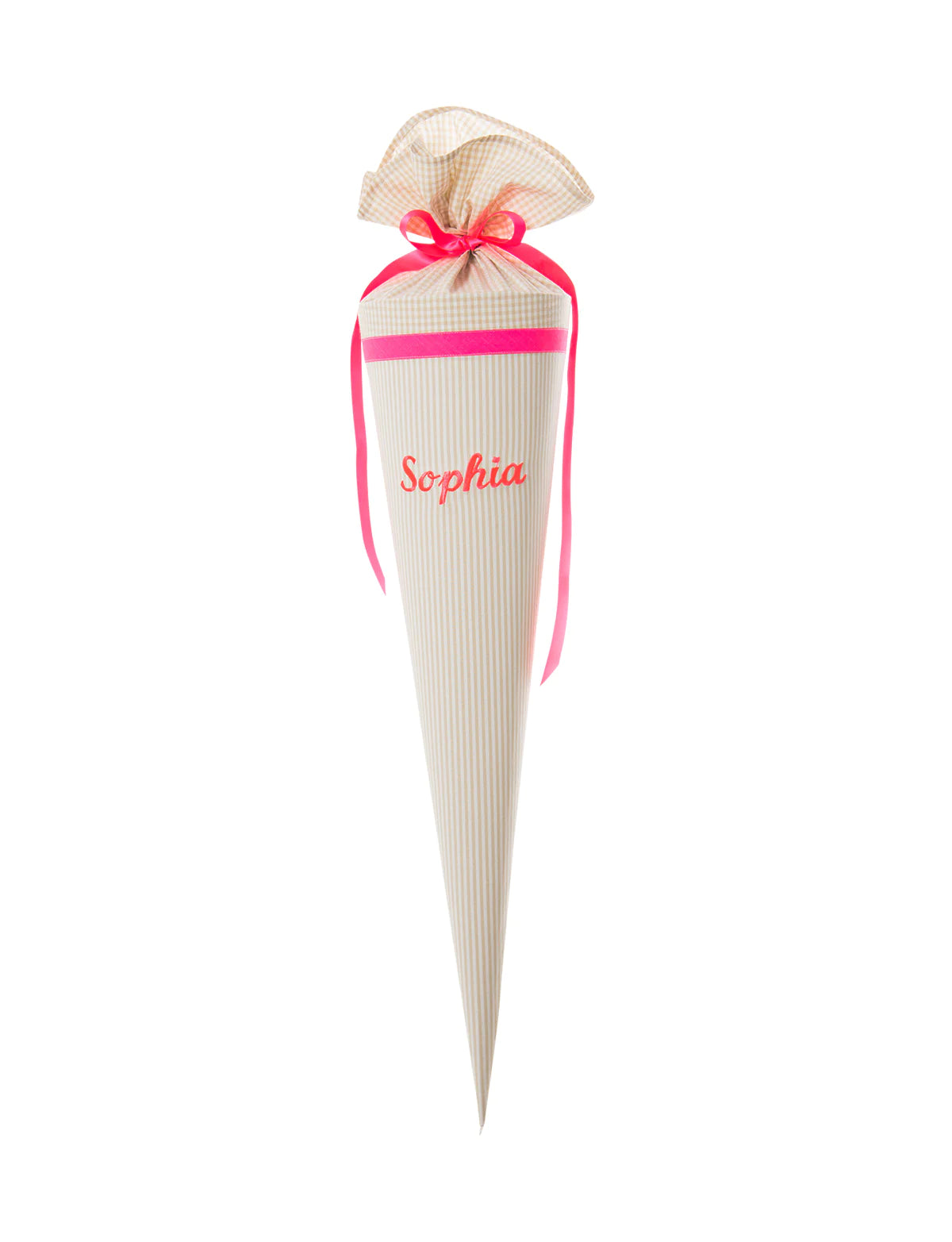 Paula & Ferdinand - Schultüte Vichy Stripes Beige, Stickerei NEON pink inkl. Füllwatte