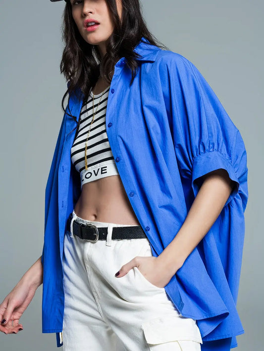 Stadtkinder - Oversize Bluse in weiss mit kurzen Ärmeln in Royalblau