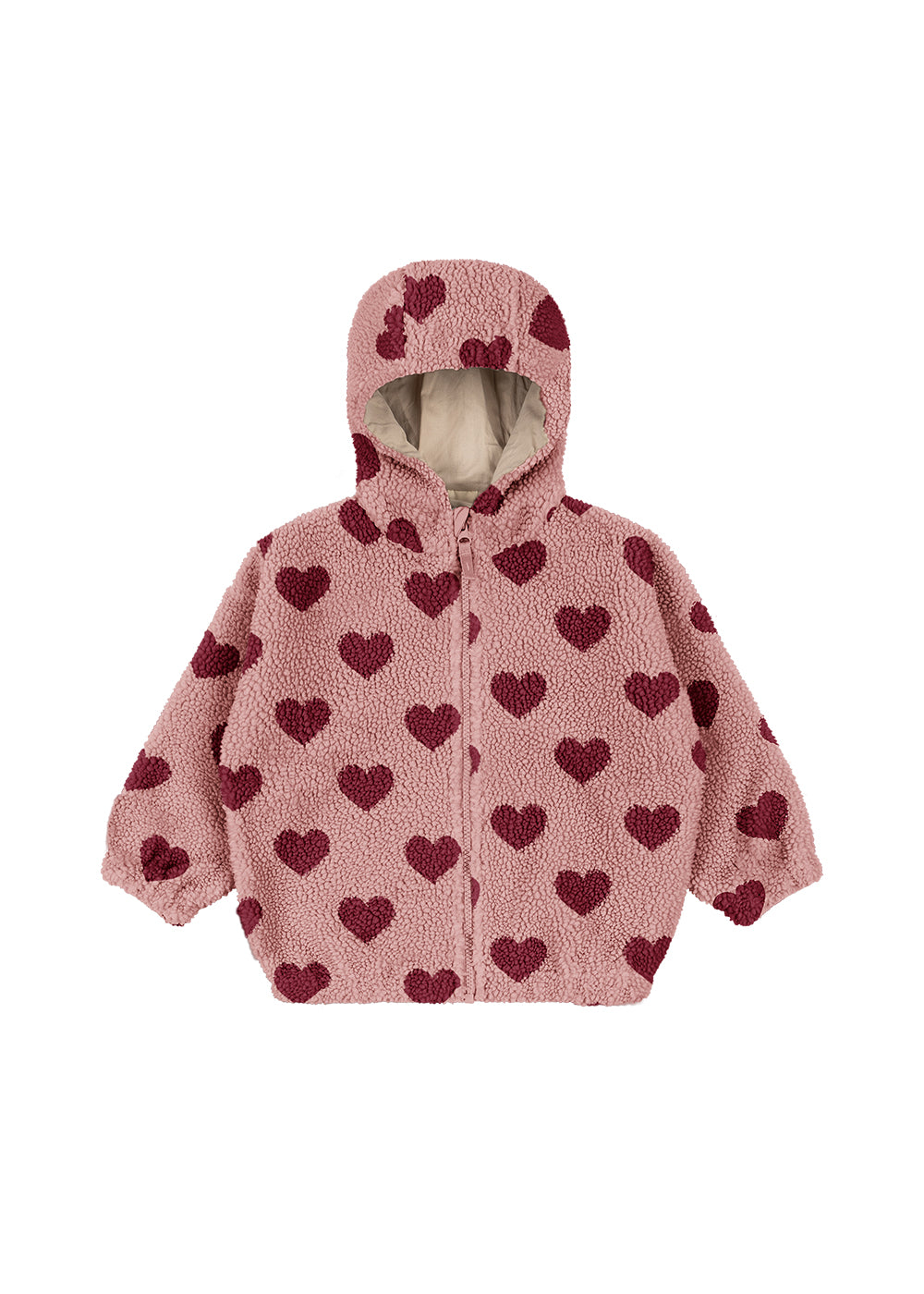 Konges Sløjd - Jody Teddyjacke mit Kapuze in Rosa mit roten Herzen