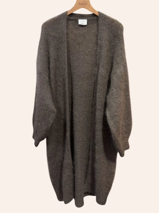 Naais Paris - lange offene Strickjacke aus Mohair in Dungelbraun Onesize