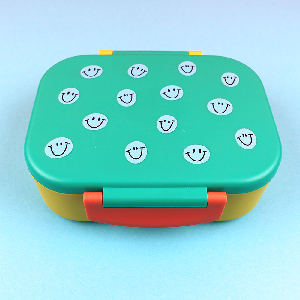 Ava&Yves - Brotdose / Lunchbox mit herausnehmbarem Einsatz, Smile grün / Ocker / Hellblau  inkl. Geschenkverpackung