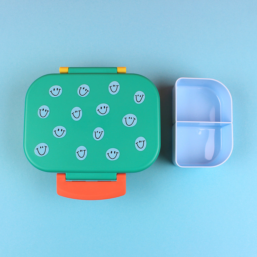 Ava&Yves - Brotdose / Lunchbox mit herausnehmbarem Einsatz, Smile grün / Ocker / Hellblau  inkl. Geschenkverpackung