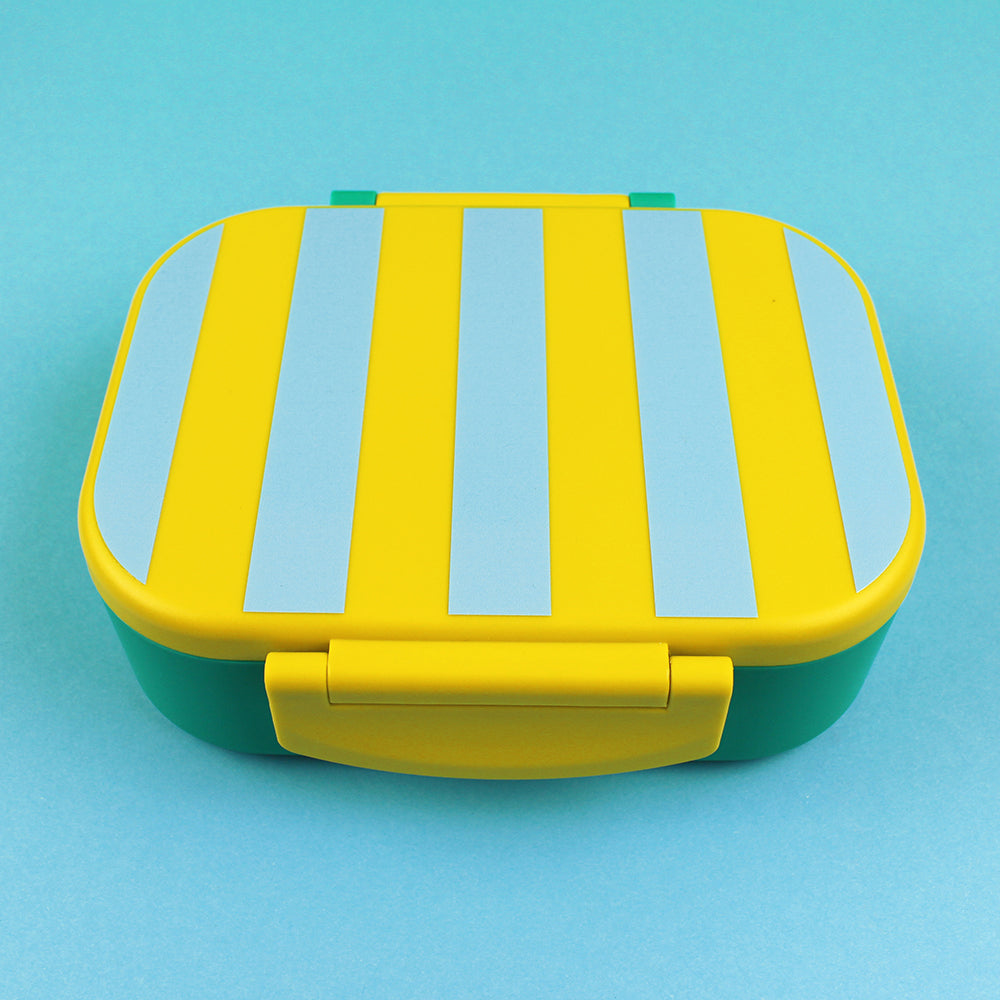 Ava&Yves - Brotdose / Lunchbox mit herausnehmbarem Einsatz, Gelb / Hellbau grün gestreift  inkl. Geschenkverpackung