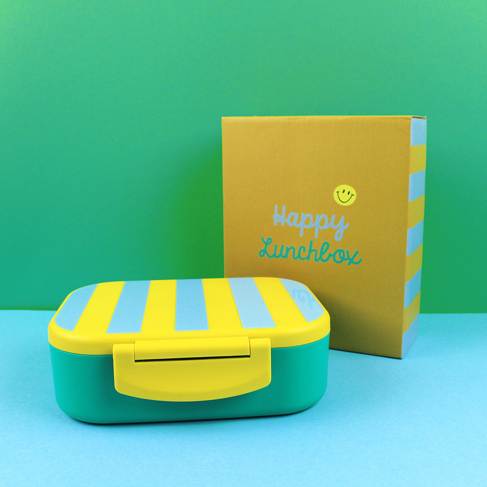 Ava&Yves - Brotdose / Lunchbox mit herausnehmbarem Einsatz, Gelb / Hellbau grün gestreift  inkl. Geschenkverpackung