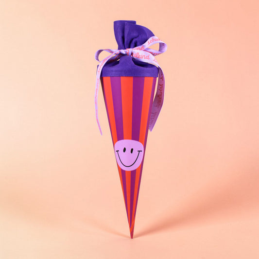 Ava & Yves - kleine Schultüte 35 cm Smiley Flieder mit Lila / Orange gestreift