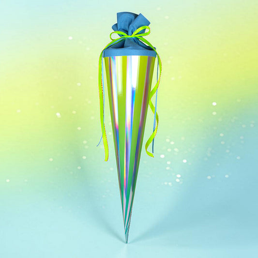 Ava & Yves -  Schultüte Stripes in türkis/gelb mit Holofolie silber und Filzverschluss in Blau, 70cm