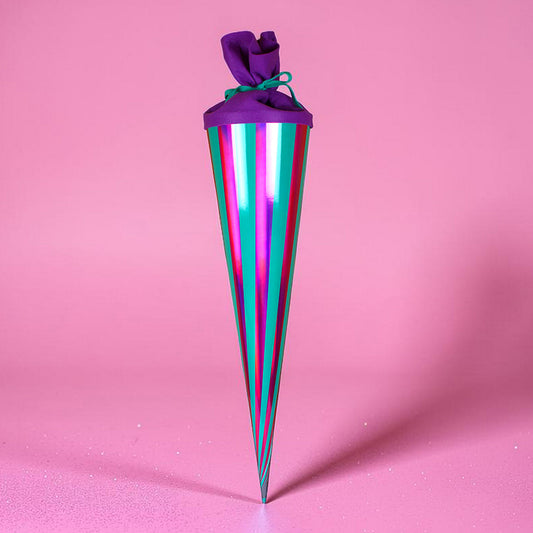 Ava & Yves -  Schultüte Stripes türkis/violett mit Holofolie silber und Filzverschluss in Violett, 70cm
