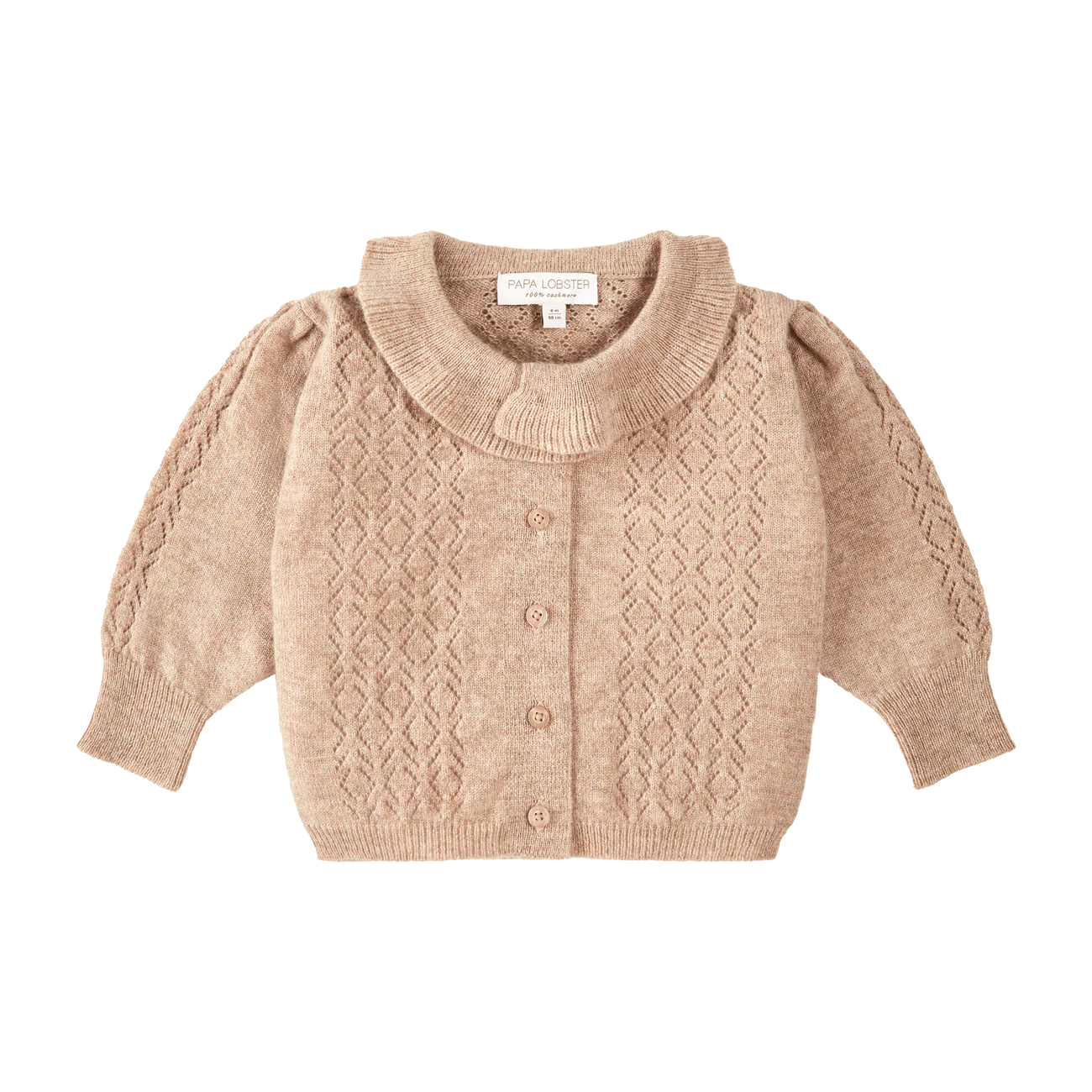 Papalobster - Luna Strickjacke in Beige Melange mit kleinen Rüschenkragen aus 100 % Kaschmir