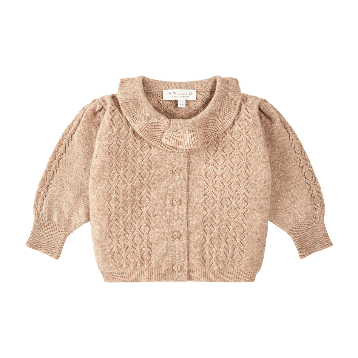 Papalobster - Luna Strickjacke in Beige Melange mit kleinen Rüschenkragen aus 100 % Kaschmir
