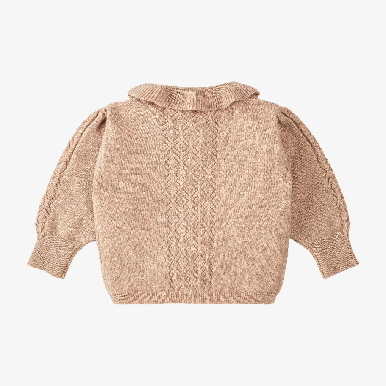 Papalobster - Luna Strickjacke in Beige Melange mit kleinen Rüschenkragen aus 100 % Kaschmir