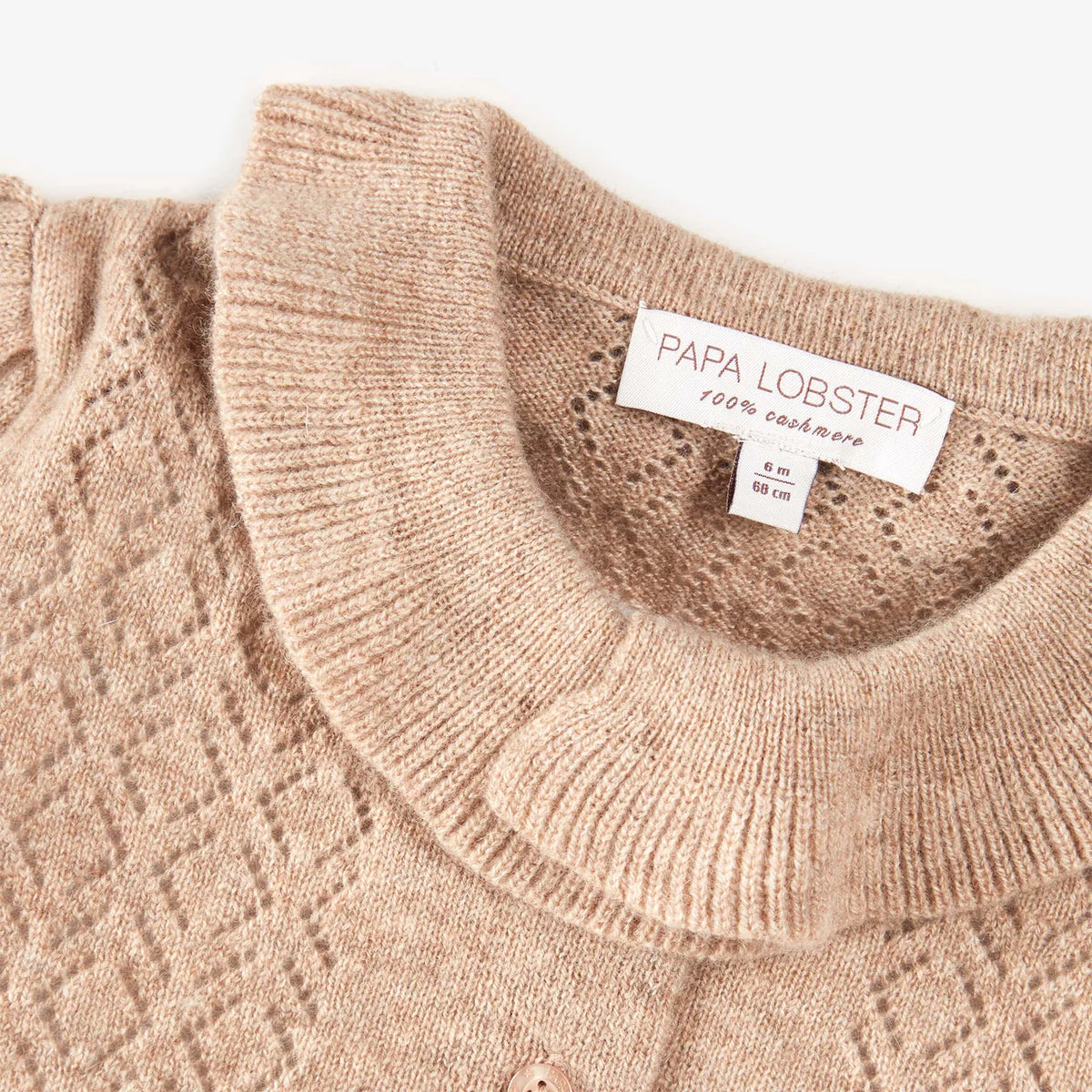 Papalobster - Luna Strickjacke in Beige Melange mit kleinen Rüschenkragen aus 100 % Kaschmir