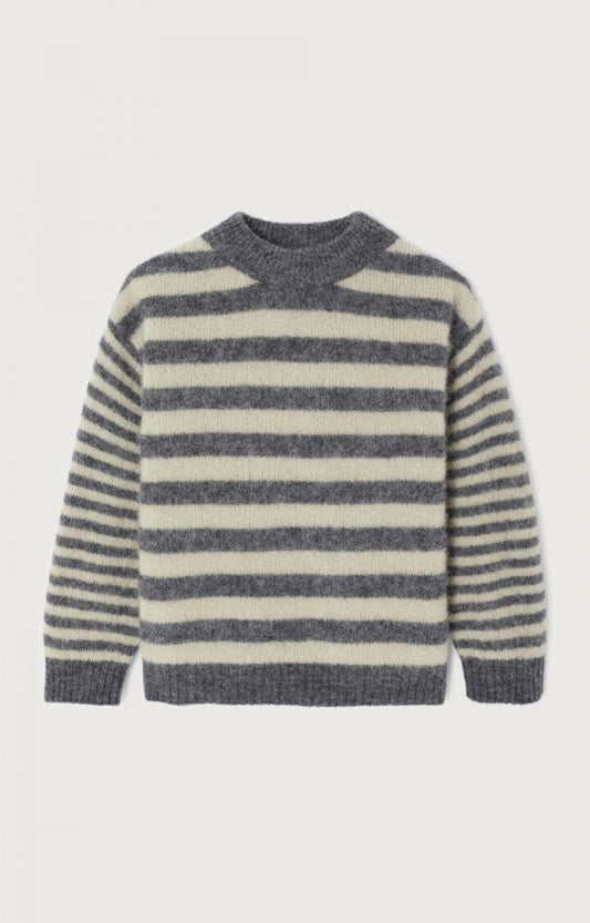 American Vintage - Strickpullover Vitow in grau Creme gestreift