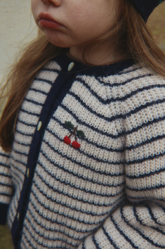 Konges Slojd - Barli Kinder Strickjacke in Blau weiss gestreift mit Stick aus Alpaka Wolle