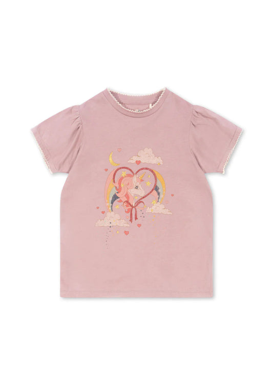 Konges Sløjd - Famo T-Shirt Kurzarm mit Kleinen Puffärmeln und Einhorn