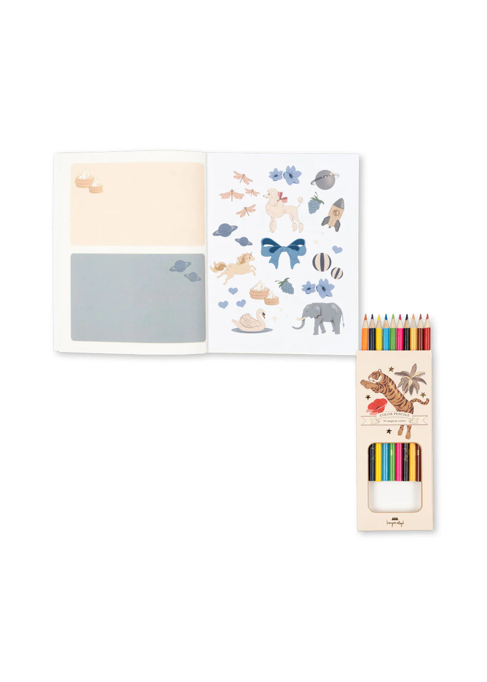 Konges Slojd - Activity Mal & Stickbuch für Kinder mit Buntstiften im Set