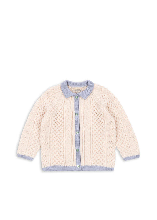 Konges Sløjd  - Emma  Strickjacke in Beige mit Kragen in Hellblau 100 % Merinowolle