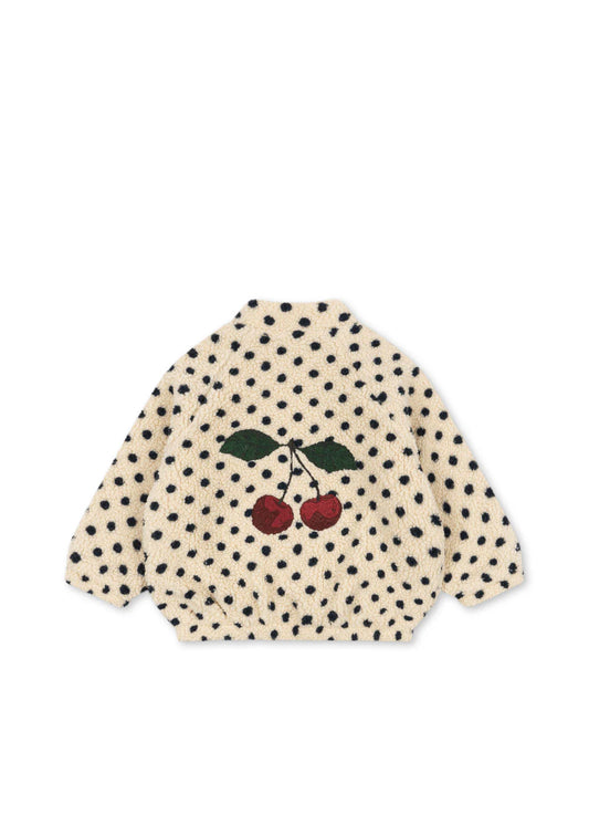 Konges Slojd - Jody Kinder Teddy Fleece Jacke in Beige mit blauen Punkten & Kirsche