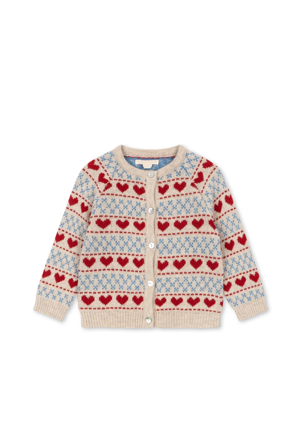 Konges Slojd -  Belou Kinder Strickjacke aus 100 % Wolle in Beige mit Blau und roten Herzen