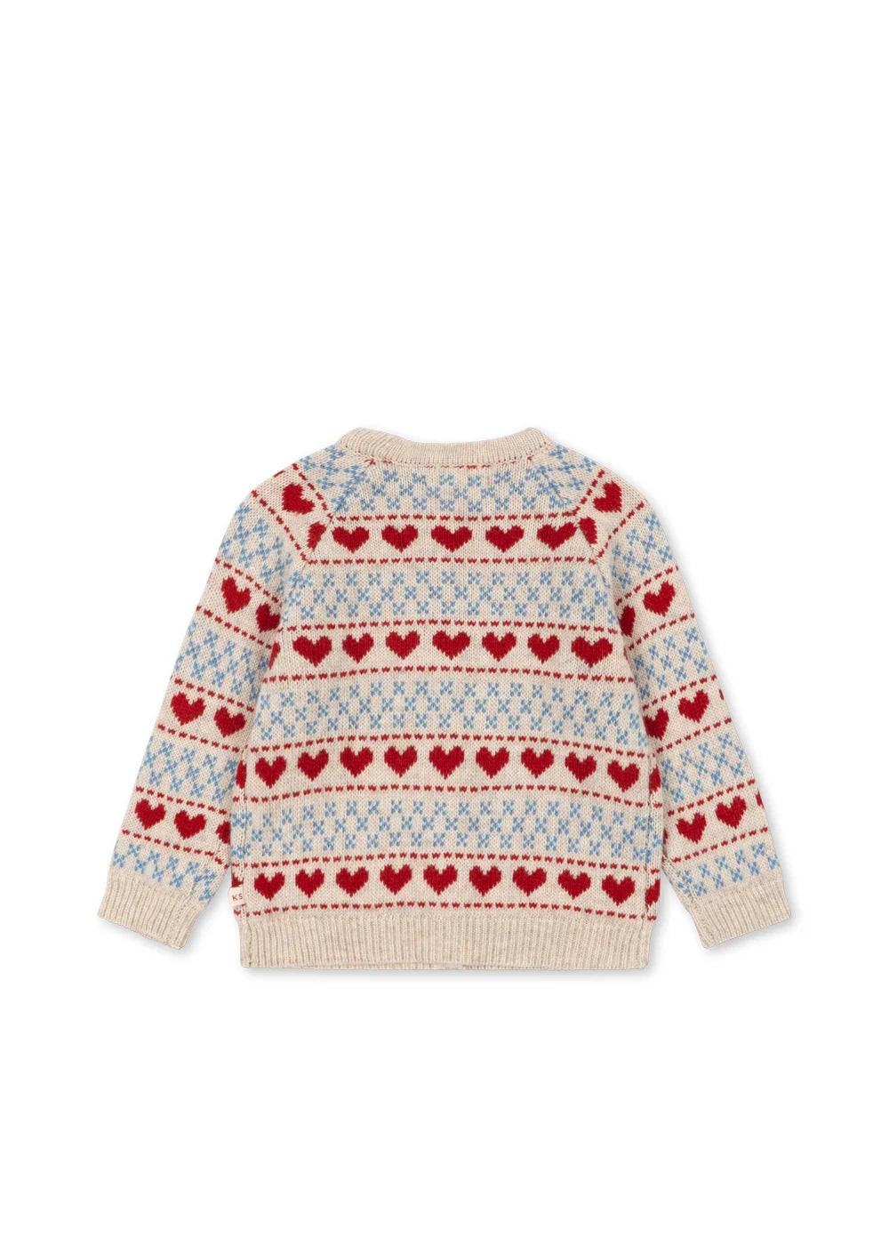 Konges Slojd -  Belou Kinder Strickjacke aus 100 % Wolle in Beige mit Blau und roten Herzen