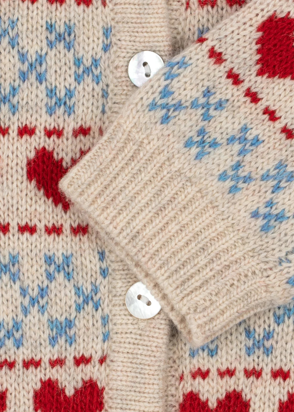 Konges Slojd -  Belou Kinder Strickjacke aus 100 % Wolle in Beige mit Blau und roten Herzen
