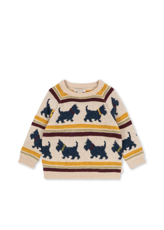 Konges Slojd - Belou Kinder Strickpullover Motiv Hund in Beige Dunkelgrün