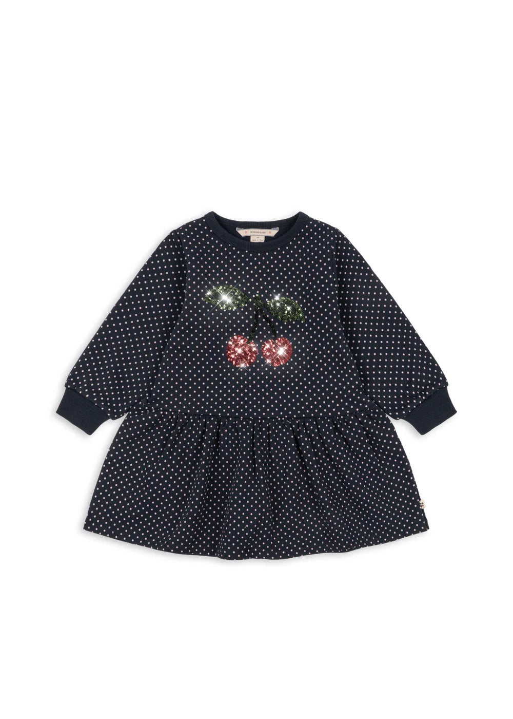 Konges Slojd - Lou Kinder Sweatshirt Kleid in Dunkelblau mit Punkten und Glitzerkirsche