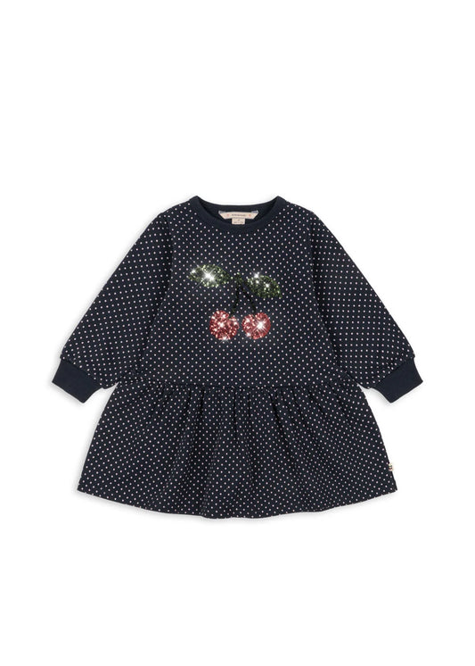 Konges Slojd - Lou Kinder Sweatshirt Kleid in Dunkelblau mit Punkten und Glitzerkirsche