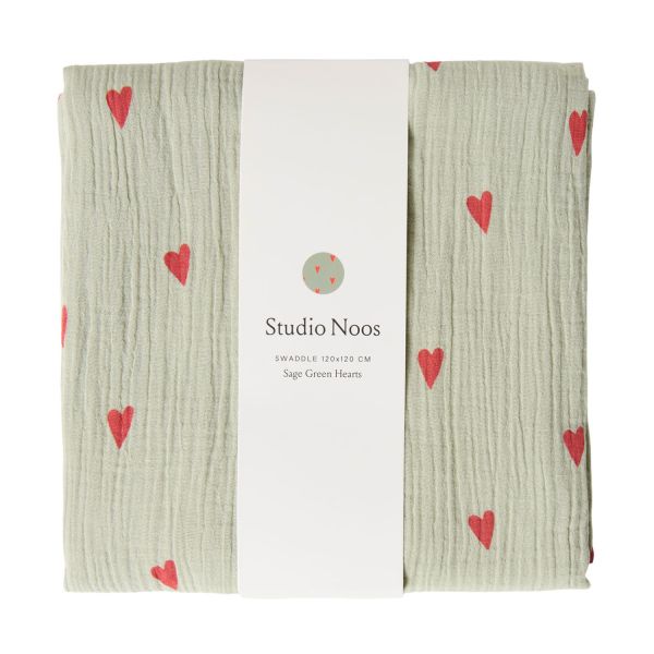 Studio Noos - große Musslintücher in  Mintgrün mit Herzchen in Rot in 70 x70 klein