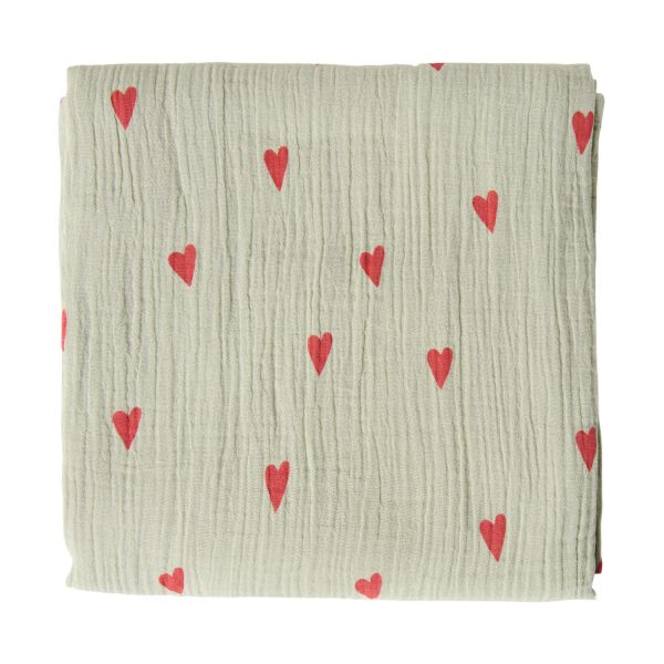 Studio Noos - große Musslintücher in  Mintgrün mit Herzchen in Rot in 70 x70 klein