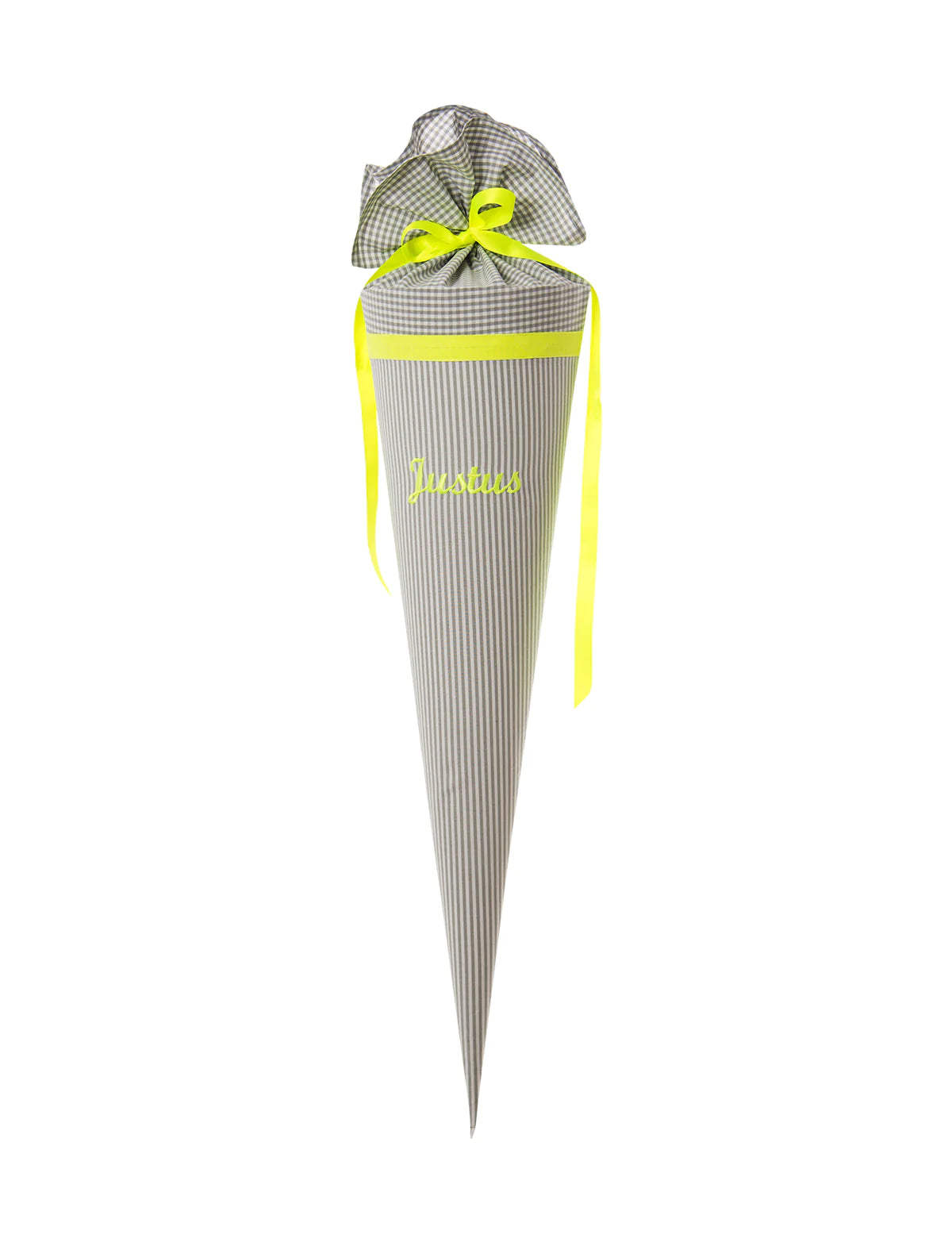 Paula & Ferdinand -  Schultüte  Vichy STRIPES hellgrau - NEON gelb, personalisiert