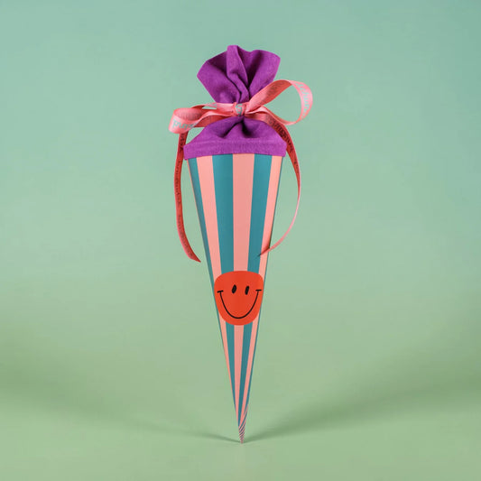 Ava & Yves - kleine Schultüte 35 cm rosa mint gestreift mit Smiley