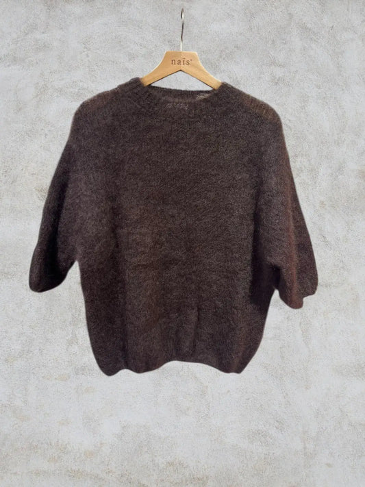 Nais - Pullover Kurzarm in Dunkelbraun  aus Kidsmohair