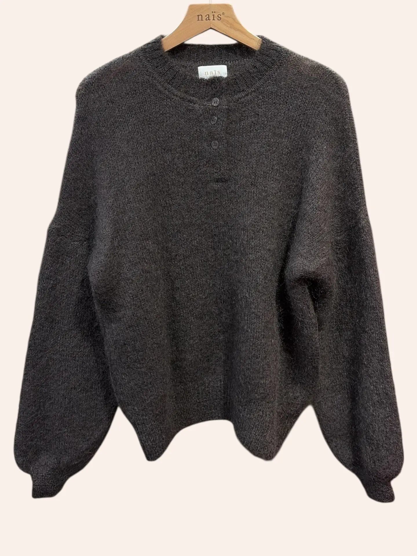 Naais Paris - Pullover Rundhals in dunkelbraun  Onesize mit Ballonärmeln aus Mohair