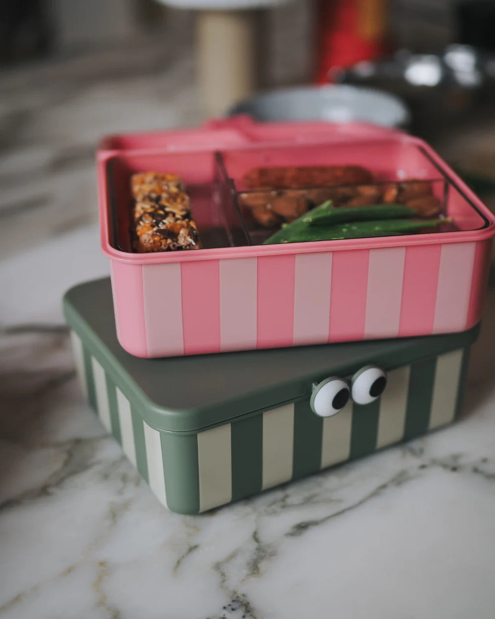 NOUI NOUI - Kinder Lunchbox mit 3  EInsätzen  in Rosa gestreift