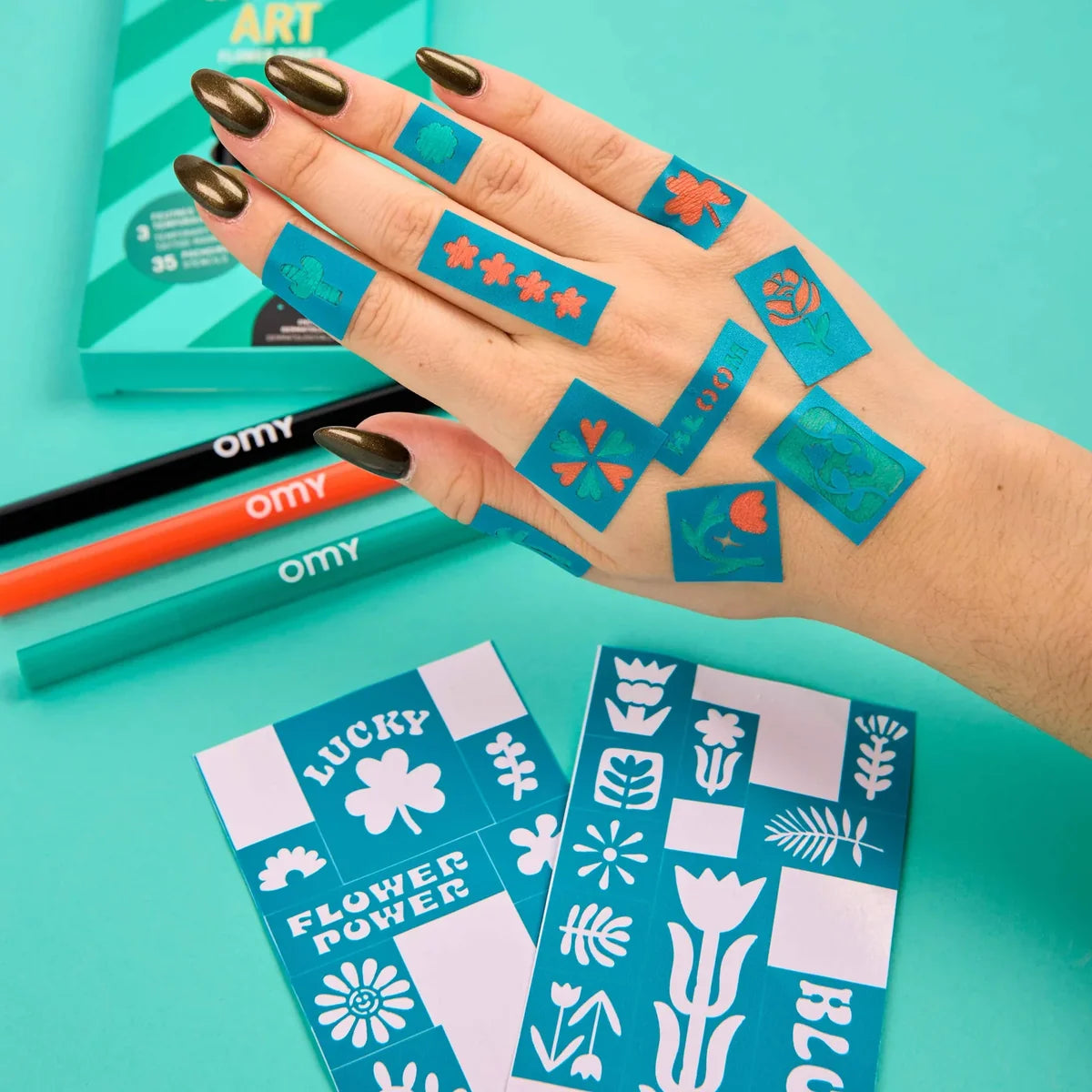 OMY - Tattoo Art Stifteset mit Schablone Flower Power