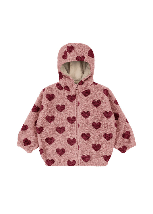 Konges Sløjd - Jody Teddyjacke mit Kapuze in Rosa mit roten Herzen